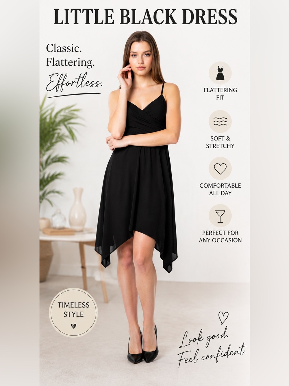 Little Black Dress - Handkerchief Hem Midi - Stretch Fabric - Size M/L
